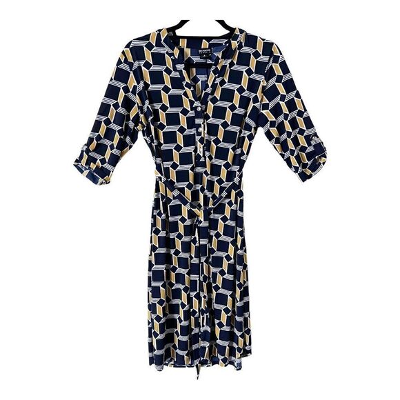 Enfocus Studio Blue/Yellow V Neck Tie Front Midi Dress Size 8 - Picture 1 of 9